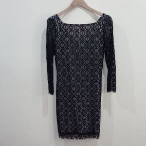 Diane von Furstenberg Zarah Black Lace Pattern Beaded Cocktail Dress, Size 8